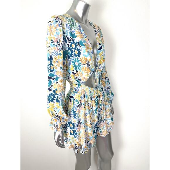Floral Romper Cut Out Front Long Sleeve Meet Me In Santorini NWT - Picture 7 of 16